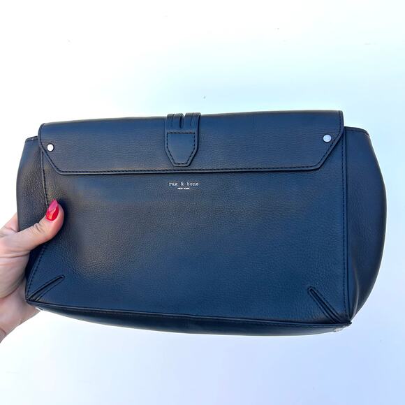 Rag & Bone Enfield Soft Leather Flap Top Purse Clutch Black Silver Bag - Picture 4 of 8
